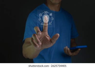 Businessman with futuristic digital processing of biometric identification fingerprint scanner. concept of surveillance and security scanning of digital programs cyber futuristic applications.