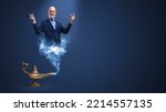 Businessman genie coming out from the lamp and snapping fingers, he is fulfilling wishes, blank copy space