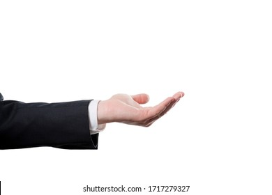 Businessman And Gesture Topic: A Man In A Black Suit And White Shirt Showing Hand Gesture On An Isolated White Background In Studio