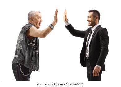 Businessman Gesturing High-five With A Mature Punk Rocker Isolated On White Background