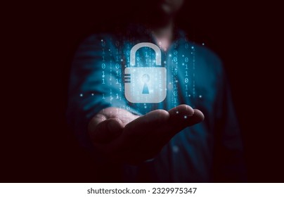 Businessman giving virtual master key with binary number code for identity and access password ,technology security system and prevent hacker concept.