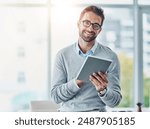 Businessman, glasses and portrait with tablet in office for schedule, email and financial administration. Accountant, smile and face with technology for calendar check, investment and tax compliance