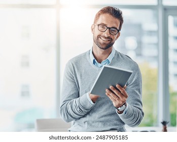 Businessman, glasses and portrait with tablet in office for schedule, email and financial administration. Accountant, smile and face with technology for calendar check, investment and tax compliance - Powered by Shutterstock