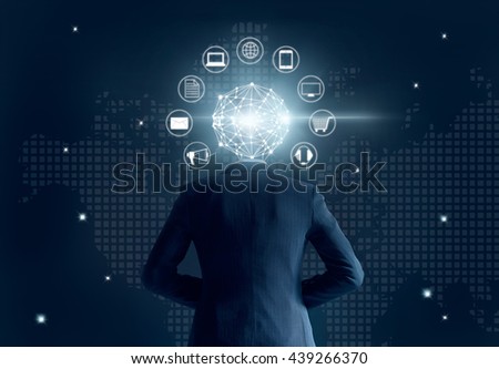 
Businessman with global network connection head, on dark background, Omni Channel 