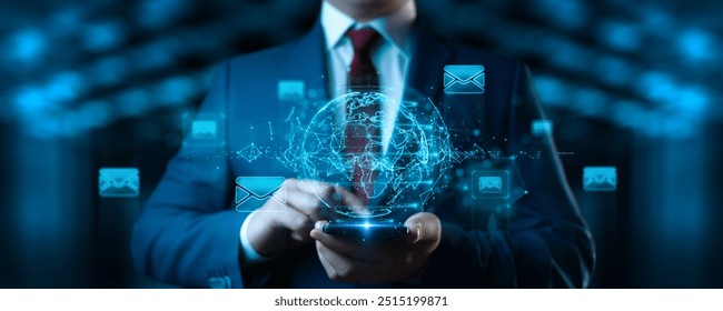 Businessman with Globe Hologram and icons: Message Email Mail Communication Online Chat Concept - Powered by Shutterstock