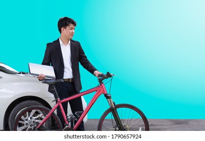 Businessman Go To Work With Bicycle On Car Free Day In The City