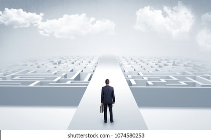 Businessman going straight ahead on a wide road between mazes - Shutterstock ID 1074580253