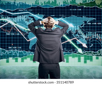 Businessman grabs the head concept with business chart on scoreboard