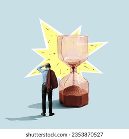 Businessman grabs his head near the hourglass. Art collage.