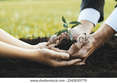 Businessman grow and nurture plant on fertilized soil with young boy as eco company committed to corporate social responsible, reduce CO2 emission and embrace ESG principle for sustainable future.Gyre