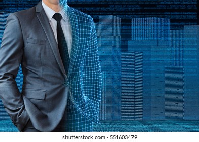 Businessman With Half Wire Frame Skin With Digital Building Background