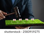 A businessman with a hammer holds an auction to sell land plots. Land litigation. Property investment. Competitive bidding. Property valuation. Commercial land deals