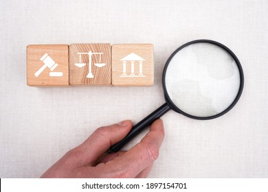 Businessman Hand Arranging Wood Block With Icon Justice Labor Law Lawyer Legal Concept.