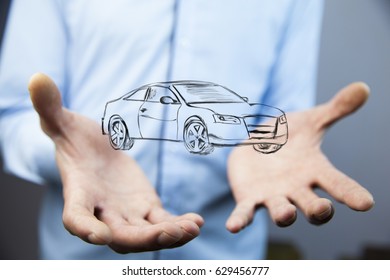 Businessman hand  car front view flat icon over gray background