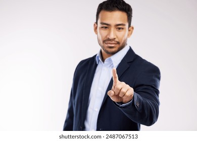 Businessman, hand and click for touchscreen technology, online database or dashboard in studio. Employee, press and invisible display for vr, futuristic biometrics and metaverse by white background - Powered by Shutterstock