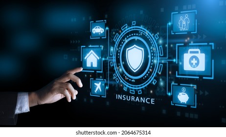Businessman hand clicks insurance icons to car, travel, family and life, financial and health insurance. Insurance online buy concept. - Shutterstock ID 2064675314