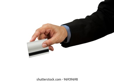 Businessman And Hand With Credit Card Swipe On White Background