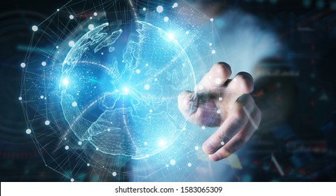 Businessman hand in dark using Europe map globe network hologram 3D rendering - Shutterstock ID 1583065309