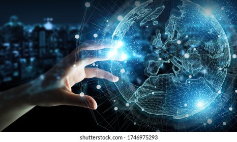 Geschäftsmann Hand in Dunkelheit mit Europe-Map-Globalnetzwerk hologram 3D-Rendering