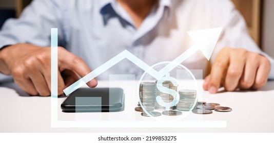 Businessman Hand Drawing Virtual Increasing Graph, Money Coins Stacking , Check The Movement Of The Currency, Business Investment Profit And Deposit Dividend Saving Growth.
