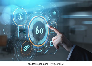 Businessman Hand, Finger Pushing A Virtual Button On Digital Interface. Six Sigma, Quality Control And Manufacturing Process Management Concept On Screen.