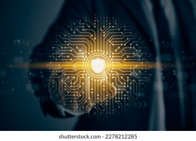 Businessman Hand and Finger Touch Screen and Network Shield Security System Sign and PCB Printed Circuit Board Line. Secure,Firewall,Protection and Technology Concept in Vintage Tone - Powered by Shutterstock