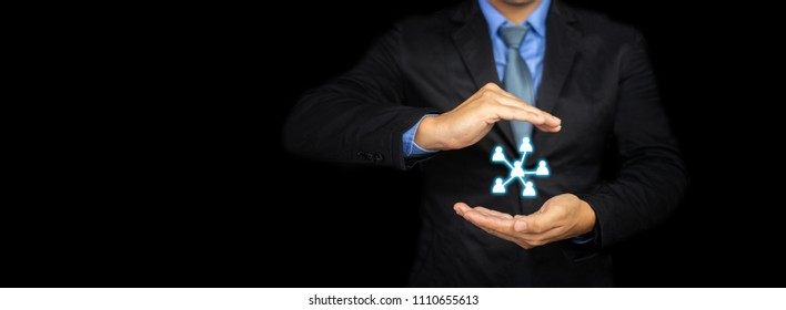 Businessman Hand With Global Structure Data Exchanges Customer Network Connection Icon, Employees Human Resources, Employment Agency Marketing Segmentation Of Leader Manage Teamwork Concept