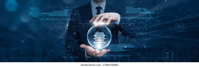 Businessman hand hold cloud computing on digital interface and global network. scalable cloud infrastructure, enterprise data management platform, remote server solutions, digital transformation system