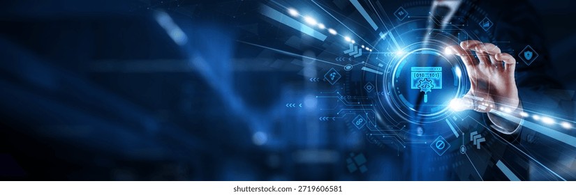 Businessman hand hold low-code no-code AI platform. Application development and automation. Workflow design, innovation, integration, digital tools, and rapid software creation.