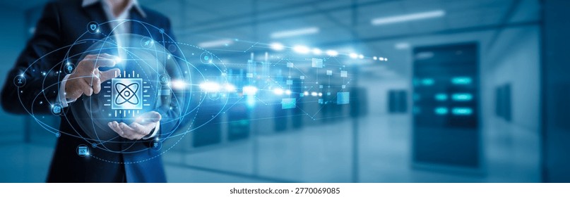 Businessman hand hold quantum computing, quantum algorithms, high-performance computing, cryptography solutions, AI acceleration, simulation modeling, quantum processors, cloud quantum platforms, future technology