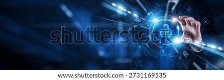 Businessman hand hold secure coding screen. Cyber defense and application development safety. Encryption, testing, compliance, vulnerability control, firewall, and secure software design.