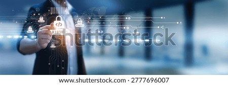 Businessman hand hold secure coding, software protection, vulnerability prevention, cybersecurity standards, code integrity, encryption methods, threat mitigation, secure software development