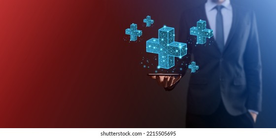 Businessman hand holding 3D plus low polygonal icon.Plus sign virtual means to offer positive thing like benefits, personal development, social network Profit,health insurance, growth concepts - Shutterstock ID 2215505695