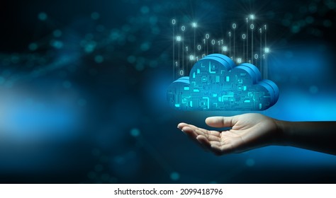 Businessman hand holding Cloud computing technology internet storage network. Cloud service, Cloud technology, and Cloud storage Concept.