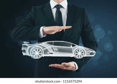 Businessman hand holding creative glowing sportscar hologram on blurry background. Transport, vehicle and engineer concept  - Powered by Shutterstock