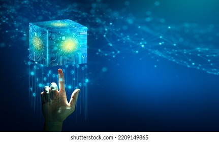 Businessman hand holding Cube technology with Abstract blue background. Blockchain Network System. Big data storage processing, Cloud data, Internet Security, and Digital Technology.