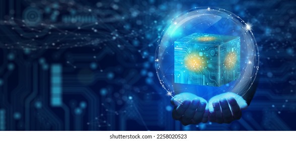 Businessman hand holding Cube technology with Abstract blue background. Blockchain Network System. Big data storage processing, Cloud data, Internet Security, and Digital Technology.