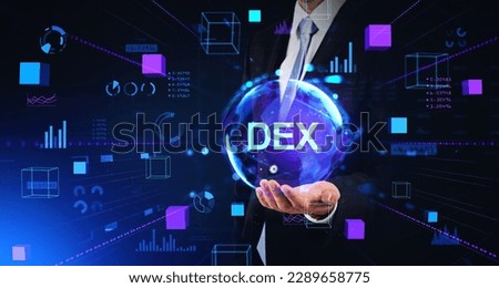 Businessman hand holding decentralized exchange DEX hologram. Financial system exchange, cryptocurrency and blockchain. Concept of financial communication