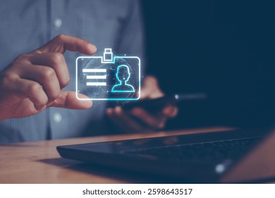 Businessman hand holding digital ID profile information card for modern business authentication digital identity privacy concept. Cyber security, secure internet access, data protection in the world. - Powered by Shutterstock - Get 15% off with code: PIKWIZARD15