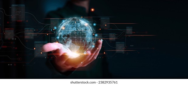 Businessman hand holding the earth global virtual shown corporate future growth year 2023 to 2024. New Goals with Plans and Visions for Next Year 2024, Opportunity, challenge and business strategy.