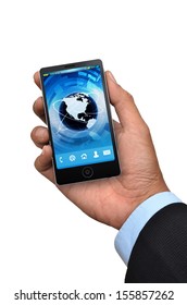 Businessman Hand Holding A Generic Smart Phone.  You Can Change The Phone Screen Easily  To Suit Your Need. Isolated In White.