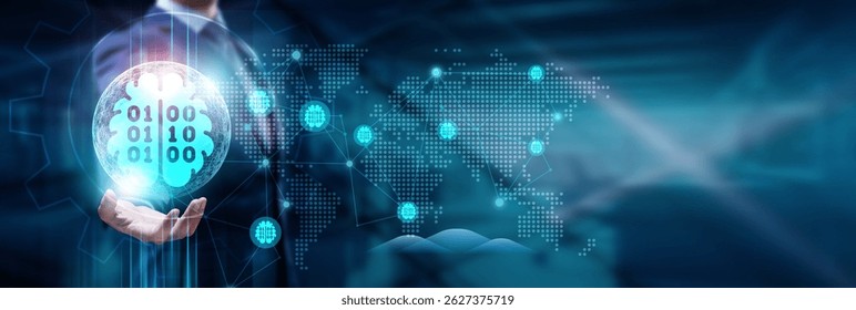 Businessman hand holding global network connection on machine learning, data processing, AI algorithms, predictive analytics, automation, deep learning, big data, technology, and futuristic innovation