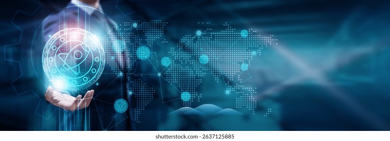 Businessman hand holding global network connection on space exploration technology, satellite communication, AI systems, interplanetary travel, robotics, data transmission, technology.