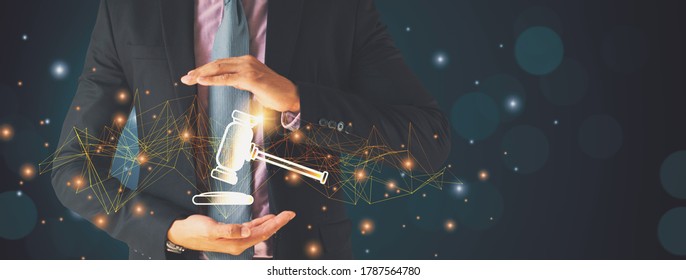 Businessman Hand Holding Hammer Icon,with Futuristic Line Network, Concept Bid Winner Highest Bidder In Final Lift,with Public Sale Property Auctioned Business Competition,e-auction And Online Bidding