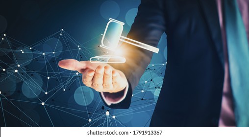 Businessman Hand Holding Hammer Icon,with Futuristic Line Network, Concept Bid Winner Highest Bidder In Final Lift,with Public Sale Property Auctioned Business Competition,e-auction And Online Bidding