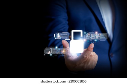 Businessman Hand Holding A Key Icon Online Information Data Transfer, Finance, Shopping, Online Credit Card Transactions, Financial Stocks, Online World Security Concept Icon.