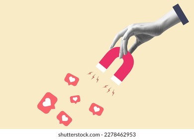 businessman hand holding magnet and magnetizing likes symbol. Concept of social media, influence, popularity, modern lifestyle and ad