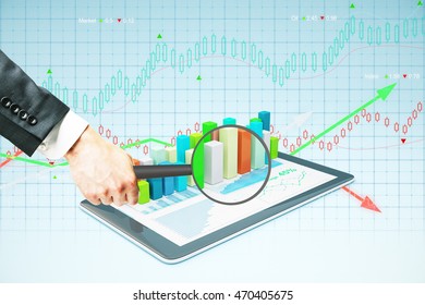 Businessman hand holding magnifier over tablet with voluminous business chart bars. Market analysis concept. 3D Rendering