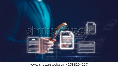 businessman hand holding magnifying glass looking at virtual document icons in concept of DMS and document audit, Auditor Doing Tax Fraud Investigation Using Magnifying Glass 