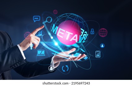Businessman hand holding metaverse digital hologram with web icons, finger touch glowing hud. Concept of online connection and network